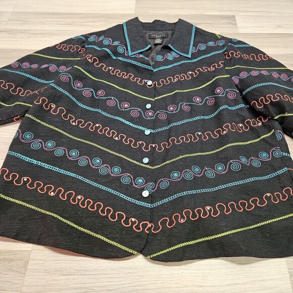 Silk Land Womens Black 100% Silk Colorful Artsy Blazer Jacket 20W - Picture 3 of 10